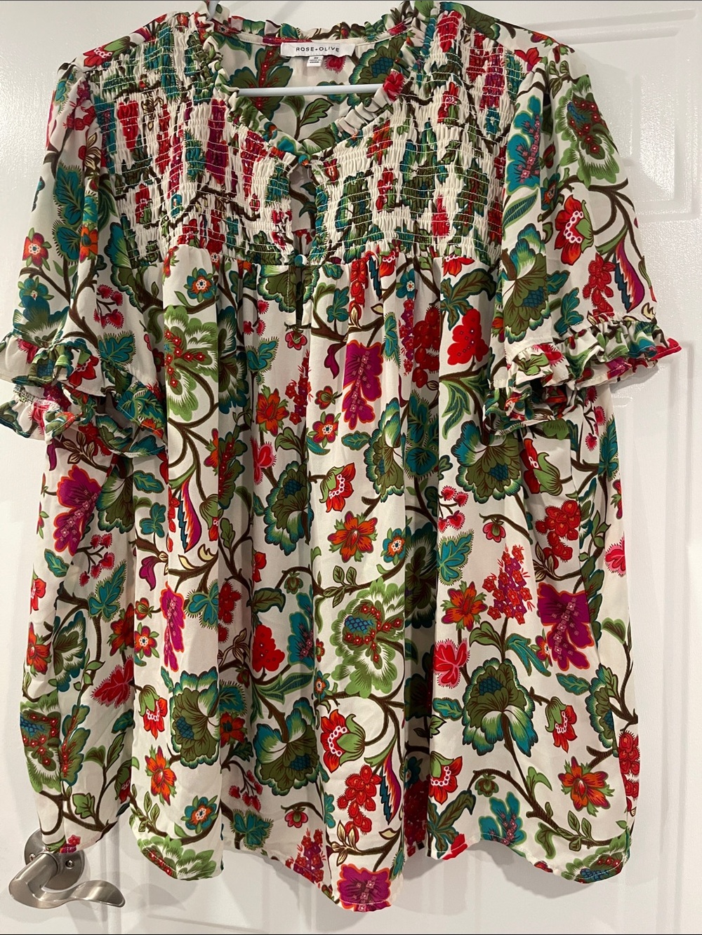 Rose & Olive Cream Floral Smocked Boho Blouse